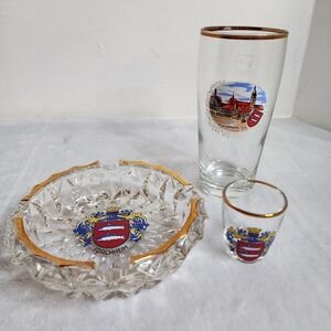 FORCHHEIM 3 PIECE ASHTRAY, SHOT GLASS, AND PINT GLASS GOLD RIMMED SET NEW